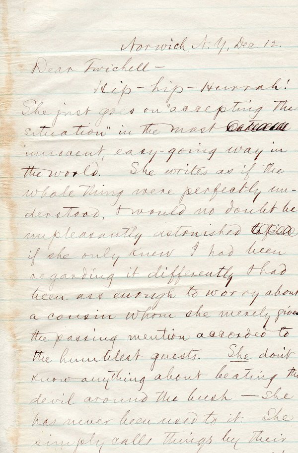CLEMENS is in Love & Engaged-Autograph Ltr Signed: Samuel Clemens (Mark Twain). 3" x 5" autograph letter signed, "Mark," three pages, Norwich, New York, December 12, 1868, to his friend, the Rev. Joseph Hopkins Twichell. "…Hip-hip-Hurrah! She just g