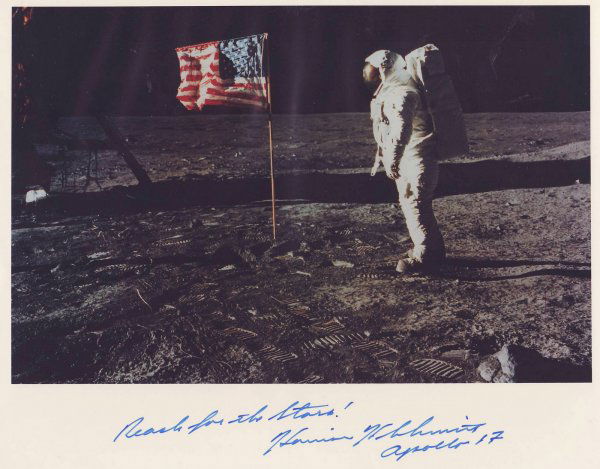 Apollo 17 Astronaut HARRISON SCHMITT- Photo Signed: Harrison Schmitt (1935- ) Astronaut. Schmitt was the twelfth and last person to walk on the Moon; he and his crewmate Eugene Cernan were the last two to walk there. After retiring from NASA he served