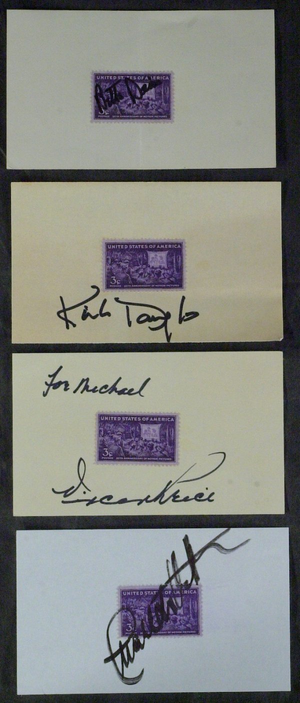 DAVIS, MITCHUM, DOUGLAS, PRICE and HESTON: Vintage Hollywood. A collection of four 5" x 3" cards with a commemorative stamp affixed. The collector has asked the following actors to cancel the stamp by signing through it: Bette Davis (1908-1989