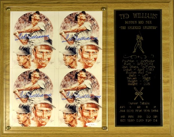 Red Sox TED WILLIAMS- Illustration Signed 4 Times: Ted Williams (1918-2002) Williams was one of baseball's greatest hitters. He set numerous batting records despite missing nearly five full seasons due to military service and two major injuries. His a