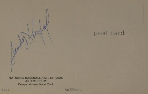 Dodger Pitcher SANDY KOUFAX-Dexter HOF Card Signed: Sandy Koufax (1935- ) Koufax won 25 games three times, captured five straight ERA titles, and set a new standard with 382 strikeouts in 1965. His fastball and devastating curve enabled him to pitch no