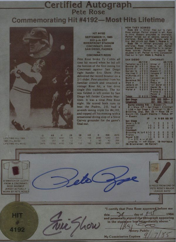 Reds PETE ROSE - Special Certificate Signed: Pete Rose (1941- ) Rose is the all-time Major League leader in hits, with 4,256, and games played. In August 1989, three years after he retired as an active player, Rose agreed to permanent ineligibil