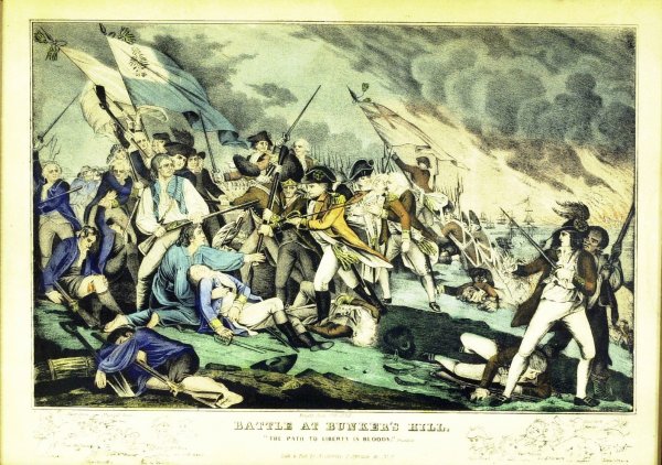 Framed Currier Print- "Battle at Bunker Hill" 1848: Nathaniel Currier Print "Battle at Bunker Hill." 13 ï¿½" x 9 ï¿½" hand-colored lithograph, depicting the "Battle at Bunker Hill," 1848, New York City, printed "N. Currier, Lithographer". The lit