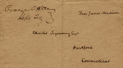 Pres JAMES MADISON - Cover Addressed & Free Franked: James Madison (1751-1836) 4th President. 5" x 3 ½"envelope addressed to "Landon Carter", and free franked as President elect. The cover is postmarked "Washington City" and dated February 6, 1809. Age