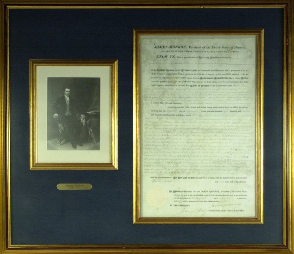 Pres JAMES MONROE - Framed Land Grant Signed: James Monroe (1758-1831) 5th President. 18" x 11 ½" partially printed vellum document signed, Washington, August 31, 1819. The document is a land grant issued to William Price. "…one hundred acres