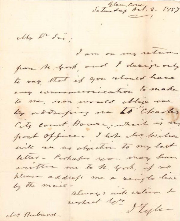 President JOHN TYLER - Autograph Letter Signed: John Tyler (1790-1862). 10th President. 6" x 7 ½" autograph letter signed with integral address leaf. One page, Oct. 3, 1857, to Mr. Hubbard, Attorney at Law. Tyler informs him that correspondence sh