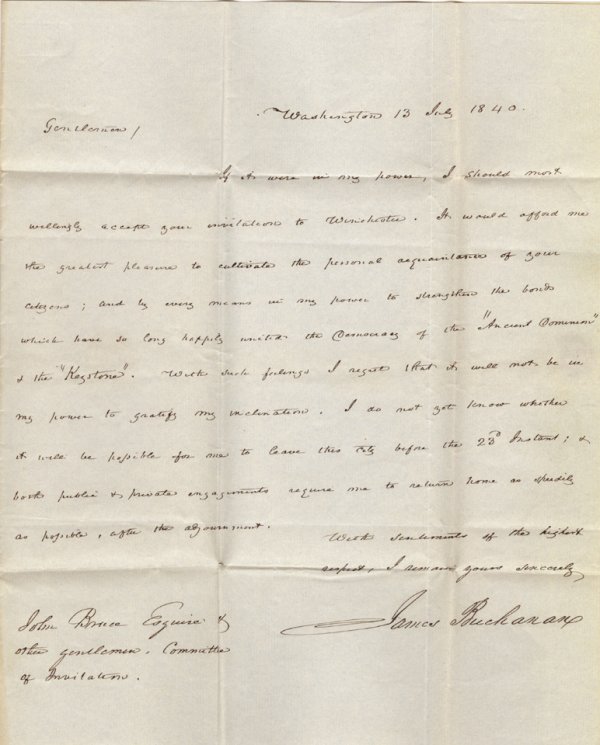 President JAMES BUCHANAN - Autograph Ltr Signed: James Buchanan (1791-1868) 15th President. 8" x 10" autograph letter signed, "James Buchanan," as U.S. Senator from Pennsylvania.," Washington. July 13, 1840, adressed on integral leaf to "John Bruce 