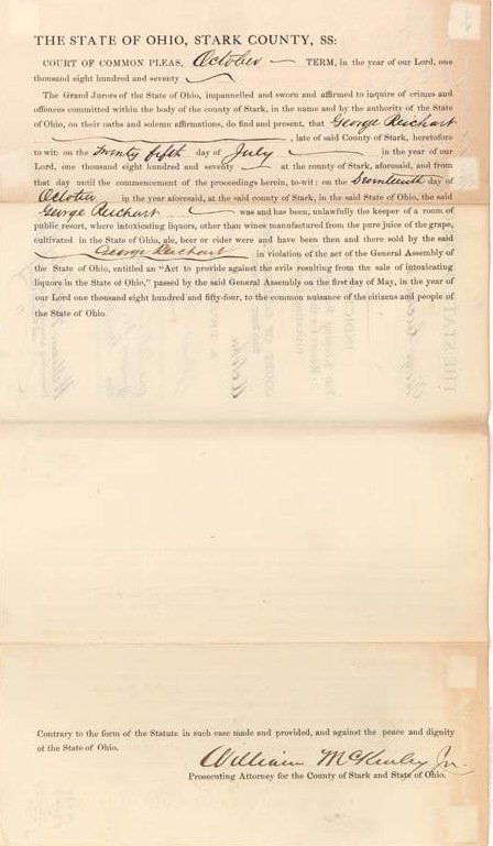 President WILLIAM McKINLEY - Ohio Doc Signed: William McKinley. 8" x 14" partially printed legal document signed twice, State of Ohio, Stark County, October 22, 1870. Signed as prosecuting attorney. Mounting traces on the reverse.