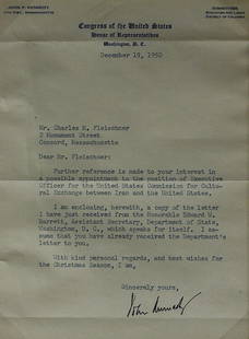 President JOHN F. KENNEDY - Early Typed Ltr Signed: John F. Kennedy (1917-1963) 35th President. Typed letter signed matted with a Treasury engraving and framed to 10" x 16". The letter: 6" x 8" exposed, Congress of the United States, December 19, 1950,