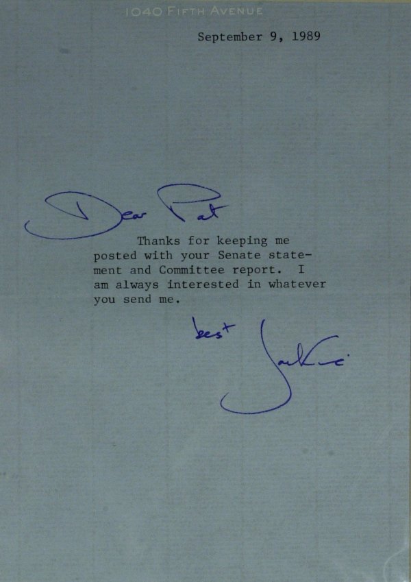 1st Lady JACQUELINE KENNEDY - Typed Letter Signed: Jacqueline Kennedy (1929-1994) First Lady. 5" x 7" typed letter signed, "best Jackie," with an autograph salutation, personal stationery, to "Dear Pat" (Senator Daniel Patrick Moynihan). "…Thanks fo