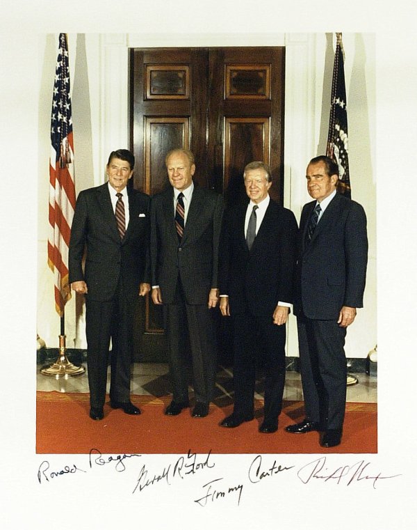 Pres REAGAN, NIXON, CARTER, FORD - Photo Signed: Four Presidents. 8" x 10" printed color photograph of Presidents Ronald Reagan, Gerald Ford, Jimmy Carter and Richard Nixon taken in 1981 when the four presidents gathered at The White House prior to 