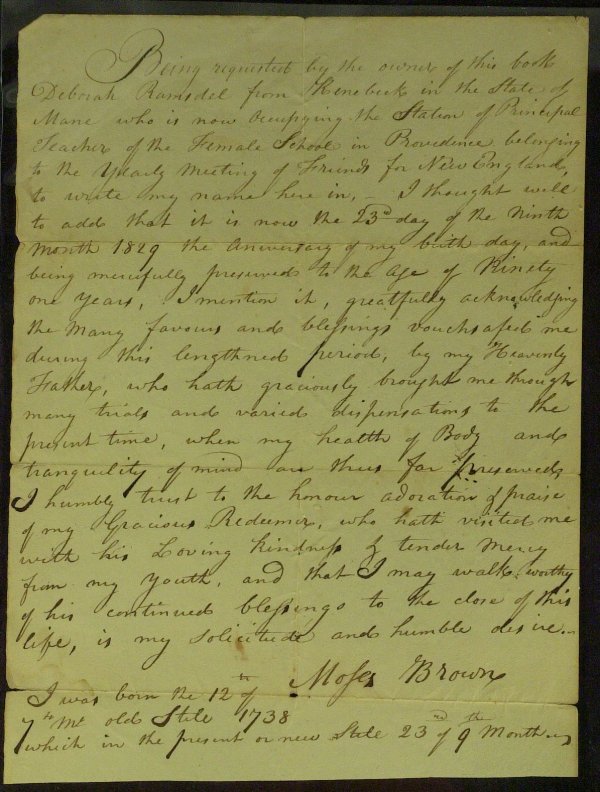 Early Abolitionist MOSES BROWN - Autograph Manuscr: Moses Brown (1738-1836) New England abolitionist, industrialist. Brown funded the design and construction of the first factory houses for spinning machines during the American industrial revolution, S