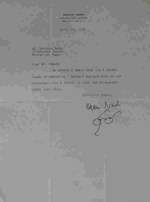 520 Poet OGDEN NASH Typed Ltr with Sketch Signed