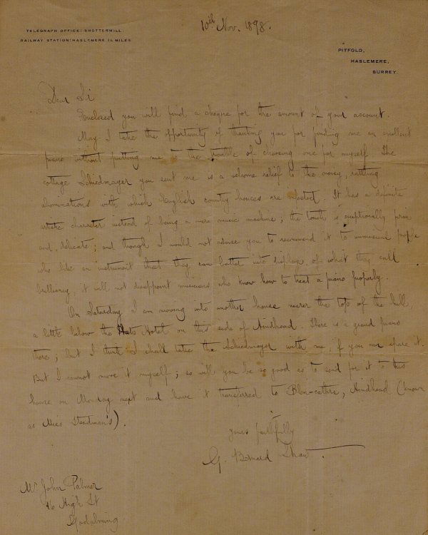 Irish Playwright GEORGE BERNARD SHAW - ALS: George Bernard Shaw (1856–1950) Irish playwright. Shaw was a successful playwright and famous literary personality of the early 20th century. 8" x 10" autograph letter signed, "G. Bernard Shaw," Pit