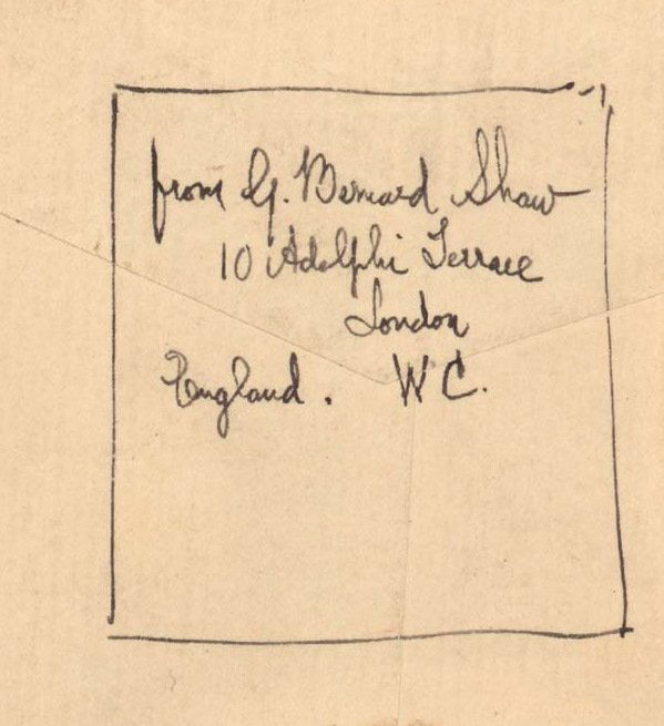 Irish Playwright GEORGE BERNARD SHAW -Signature: George Bernard Shaw (1856-1950). Irish-born dramatist, critic and essayist; Nobel laureate. 2 ½" x 2 ½" portion of an envelope signed with Shaw's return address.