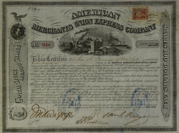 Amex Founder WILLIAM FARGO - Stock Cert Signed: William G. Fargo (1818-1881) Entrepreneur. Fargo together with Henry Wells and another partner, organized Wells & Company in 1844, the first express company operating west from Buffalo, New York. The 