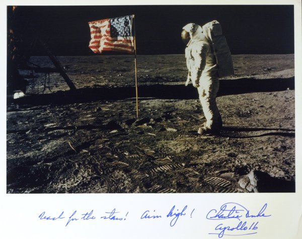 Moonwalkers: DUKE, BEAN, MITCHELL - Photos Signed: Moonwalkers" During the Apollo-Lunar program twelve astronauts walked on the Moon. Three 10" x 8" NASA photographs of an astronaut on the lunar surface each signed by "Moonwalker" Alan Bean (1932- ), 