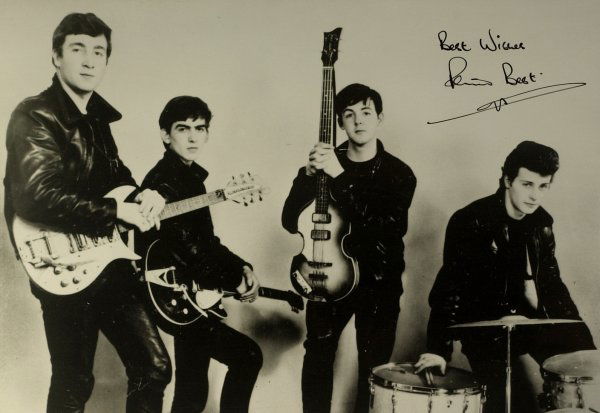 Beatle Drummer PETE BEST - Photo Signed: Pete Best (1941- ) Musician. Best original drummer for The Beatles. He was replaced by Ringo Starr, just weeks before the group would record their first single. 10" x 7" black and white photograph of