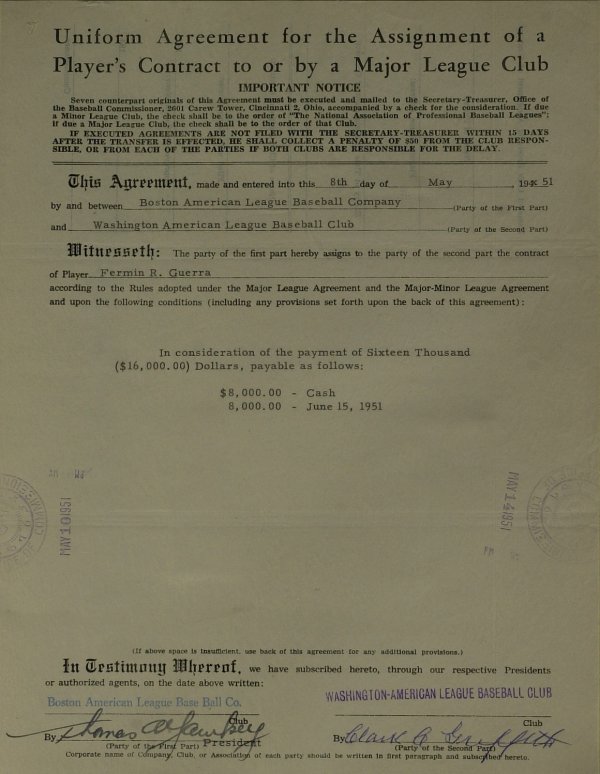 CLARK GRIFFITH and TOM YAWKEY - Contract Signed: Clark Griffith (1869-1955) and Tom Yawkey (1903-1976) Owners. 8 ½" x 11" partially printed document signed, May 8, 1951. The document is a Uniform Agreement for the Assignment of a Player's Contract 
