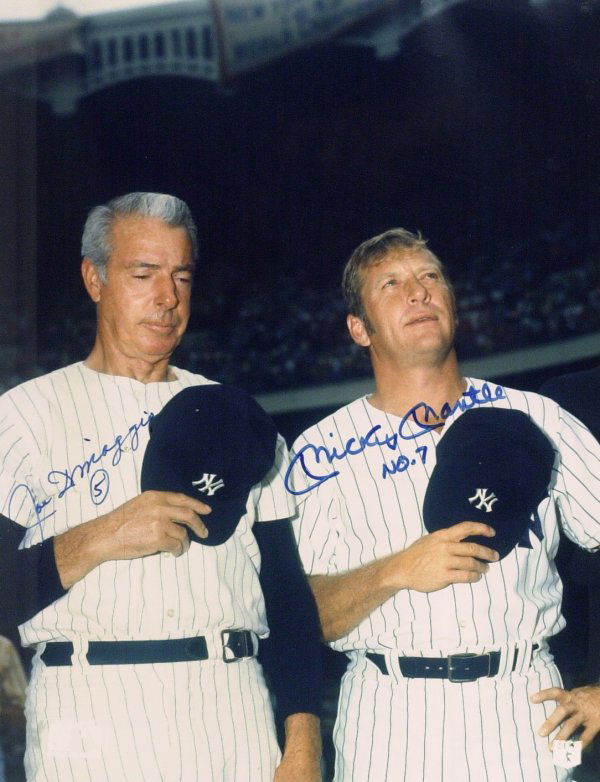 JOE DiMAGGIO and MICKEY MANTLE - Photo Signed: Joe DiMaggio and Mickey Mantle (1931-1995) 11" x 14" color photograph, signed. The photograph is double matted and framed to 16" x 20".