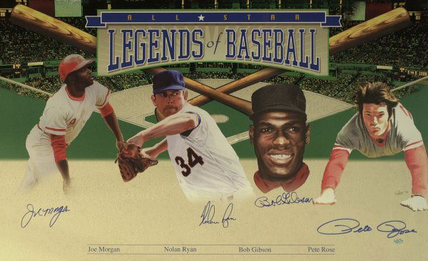 JOE MORGAN, NOLAN RYAN, BOB GIBSON & ROSE: All-Star Legends of Baseball. 36" x 23" color lithograph signed by Joe Morgan, Nolan Ryan, Bob Gibson and Pete Rose.