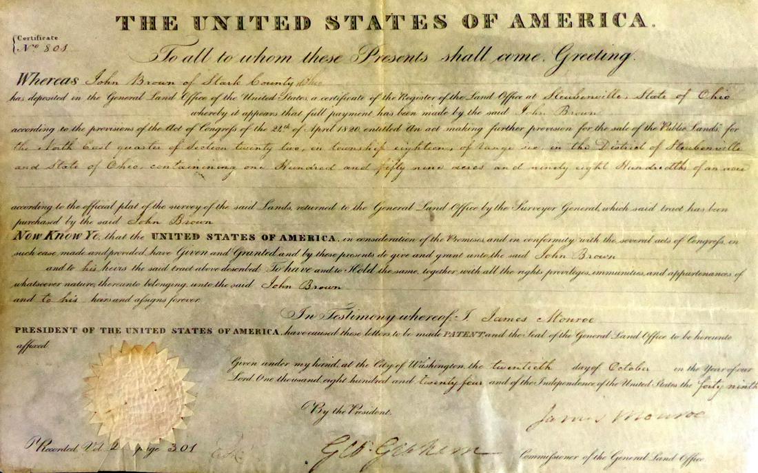 5th President JAMES MONROE - Landgrant Signed (1 of 2)
