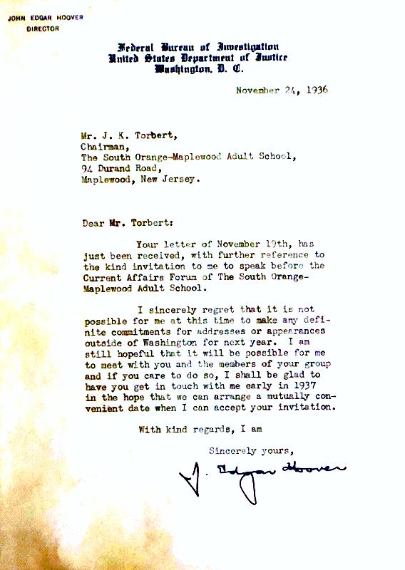 FBI Director J EDGAR HOOVER - 1936 Typed Ltr Signed (1 of 1)