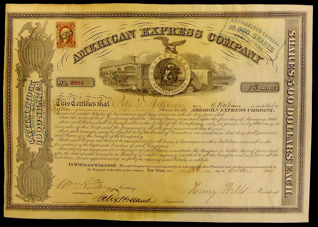 HENRY WELLS & WILLIAM FARGO- Stock Certificate (1 of 3)