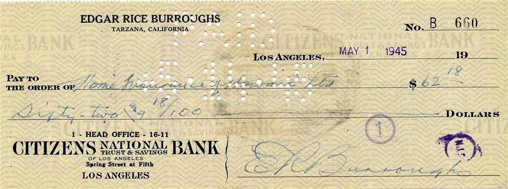 Tarzan Author EDGAR RICE BURROUGHS - Check Signed (1 of 1)