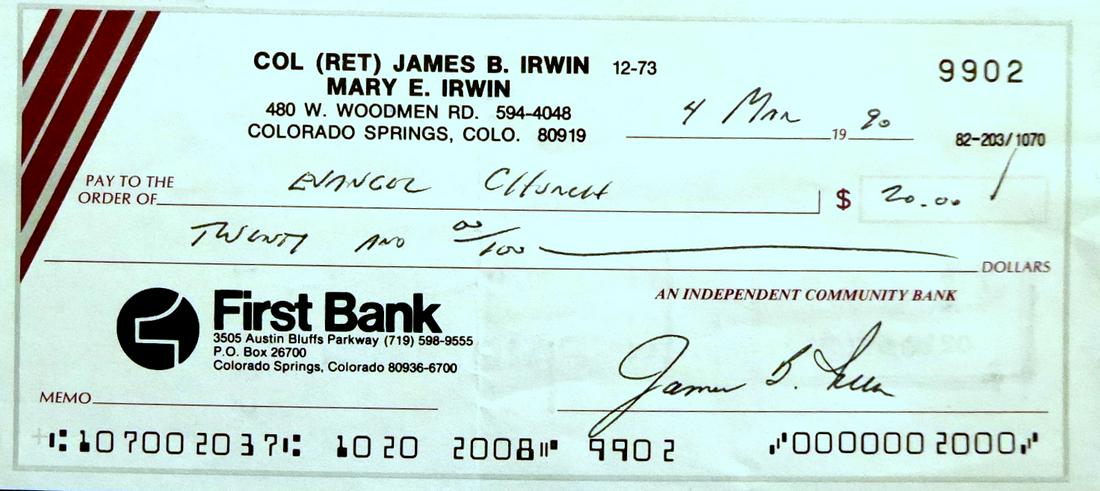 Moonwalker JIM IRWIN - Check Written & Signed (1 of 1)