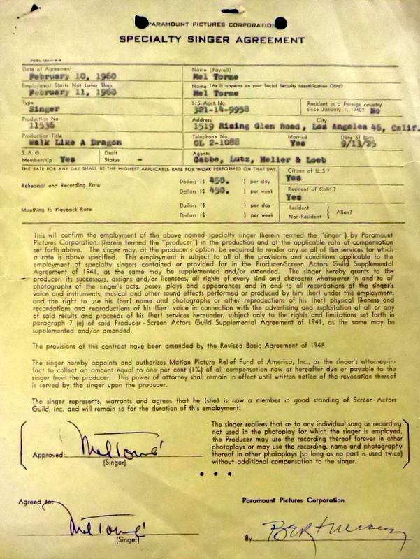 Singer MEL TORME - Legal Doc Signed: Mel Torme (1925-1999) Singer. Torme earned the nickname the Velvet Fog for his smooth and soft vocal timbre. He was also a prolific songwriter, drummer, pianist, musical arranger, actor and author. Hi