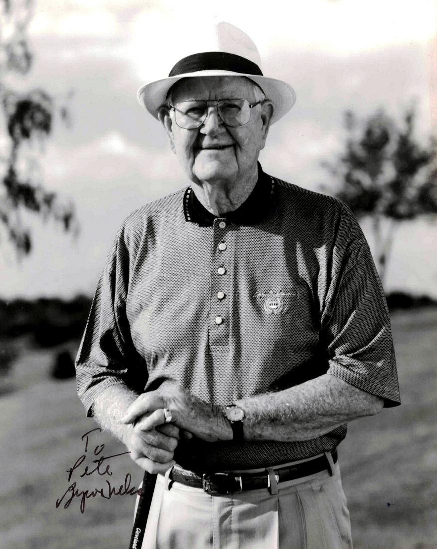 Nelson,Byron Signed Photo: Byron Nelson (1912-2006) Golfer. Nelsonâ€™s streak of 11 victories in a row in 1945 is considered the least attainable record not only in golf, but in sports. His total of 18 victories that year,
