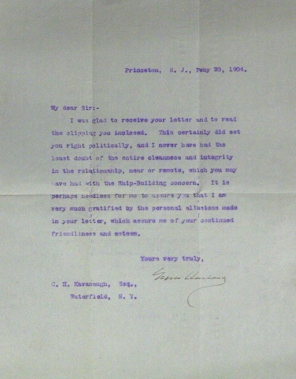 Pres GROVER CLEVELAND - Typed Ltr Signed: Grover Cleveland. 8" x 10"typed letter signed, Princeton, February 20, 1904, to C. H. Kavanaugh. "…This certainly did set you right politically, and I never have had the least doubt of the entire cl