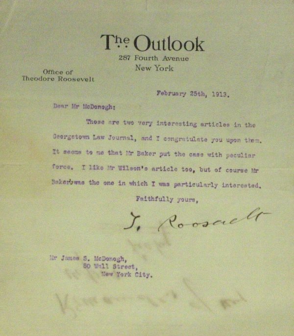 President THEODORE ROOSEVELT - Typed Ltr Signed: Theodore Roosevelt 26th President. 6 ½" x 7 ½" typed letter signed, "T. Roosevelt," The Outlook, February 25, 1912, to James McDonough. "…These are two very interesting articles in the Georgetown 