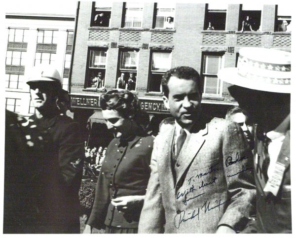 President RICHARD NIXON - Campaign Photo Signed: Richard Nixon. 10" x 8" black and white photograph of Richard and Patricia Nixon taken while they campaigned in Wisconsin signed, "To Martin Parker With best wishes from Richard Nixon.