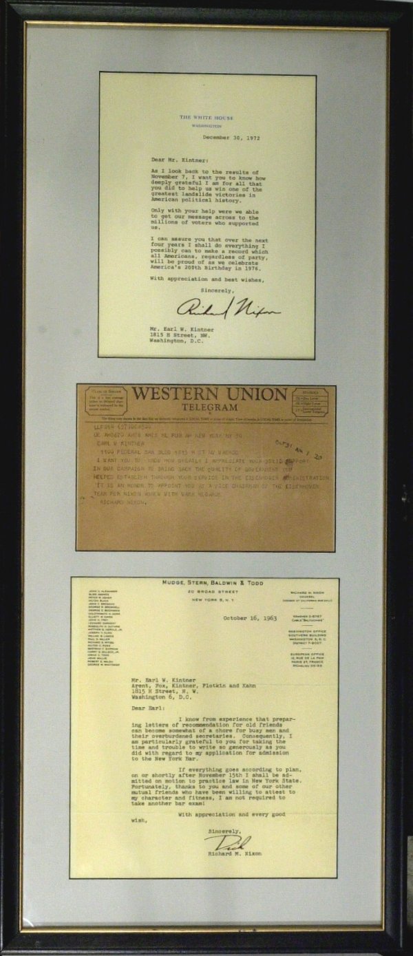 President RICHARD NIXON - Three Letters Framed: Richard Nixon. Three items: 8" x 10" typed letter signed, "Dick," Mudge, Stern, Baldwin & Todd, October 16, 1963, to Kintner. "…I am particularly grateful to you…to write so generously as you did 