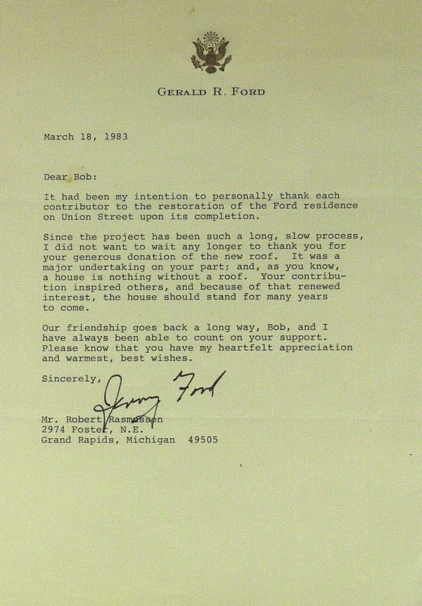 Pres GERALD R FORD - Typed Ltr Signed: Gerald Ford. 7" x 10 ½" typed letter signed, "Jerry Ford," personal stationery , March 18, 1983, to Robert Rasmussen. "…It had been my intention to personally thank each contributor to the restorat