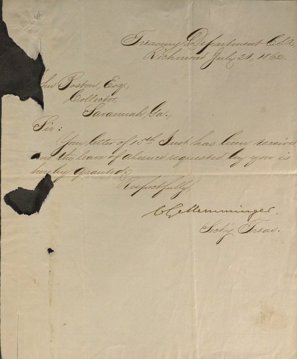 CSA Secy Tres CHRISTOPHER MEMMINGER - LS: Christopher G. Memminger (1803-1883) Politician. Memminger was a prominent political leader and the first Secretary of the Treasury for the Confederate States of America. 8" x 9 ¾" letter signed, Tre