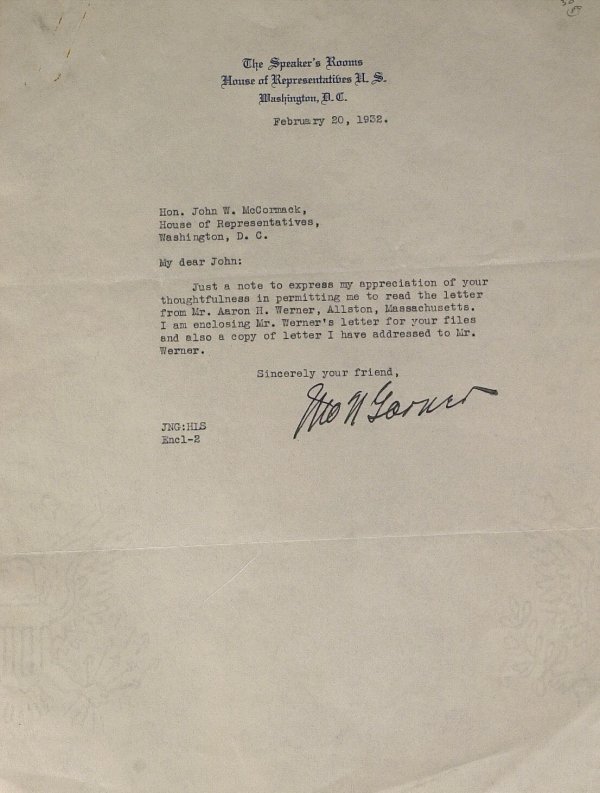 Veep JOHN NANCE GARNER - Typed Ltr Signed: John Nance Garner (1868-1967) Politician. Garner was elected to Congress in 1903. He served as minority floor leader in the 71st Congress and as Speaker of the House of Representatives in the 72nd Con
