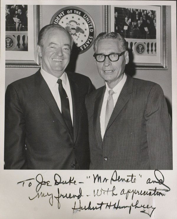 LBJ V.P. HUBERT HUMPHREY - Photo Signed: Hubert H. Humphrey (1911-1978) Politician. Humphrey served different constituencies as mayor of Minneapolis, United States senator from Minnesota, and vice-president of the United States. He was an un