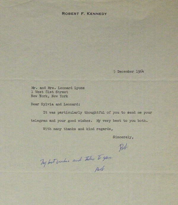 Att Gen ROBERT F KENNEDY - Typed Ltr Signed: Robert F. Kennedy (1925-1968) President Kennedy's younger brother. "Bobby" was one of John F. Kennedy's most trusted advisers and worked closely with the president during the Cuban Missile Crisis. He 