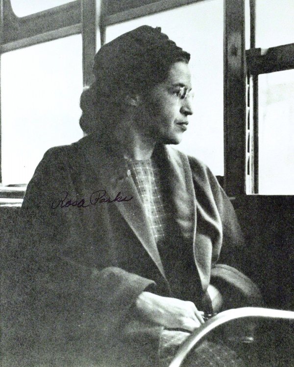 Civil Rights Activist ROSA PARKS - Photo Signed: Rosa Parks (1913-2005) Civil Rights activist. Parks refused to relinquish her seat to a white passenger on a racially segregated Montgomery, Alabama bus in 1955. She was arrested and fined but her act
