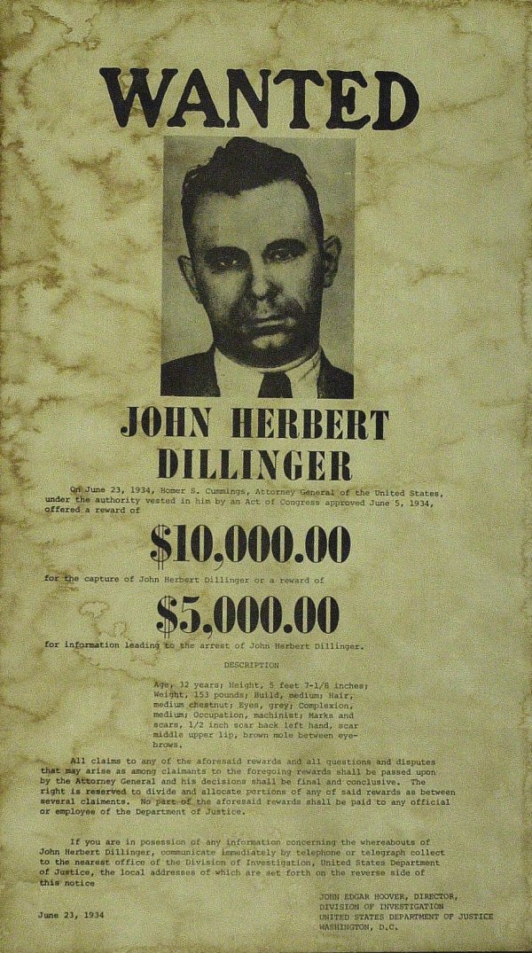 Bank Robber (JOHN DILLINGER) 1934 Wanted Poster: (John Dillinger) 9" x 15 ½" wanted poster, issued on June 23, 1934, offering a reward of $10,000 for his capture and $5,000 for information leading to his arrest, signed in type by John Edgar Hoover.