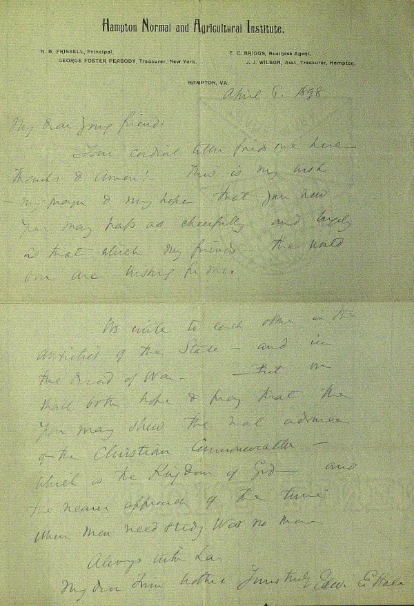 Author, Clergyman EDW EVERETT HALE - Autograph Ltr: Edward Everett Hale (1822-1909) Author, clergyman. Hale was chaplain of the United States Senate. His famous short novel, The Man without a Country, was published anonymously in the Atlantic Monthly i