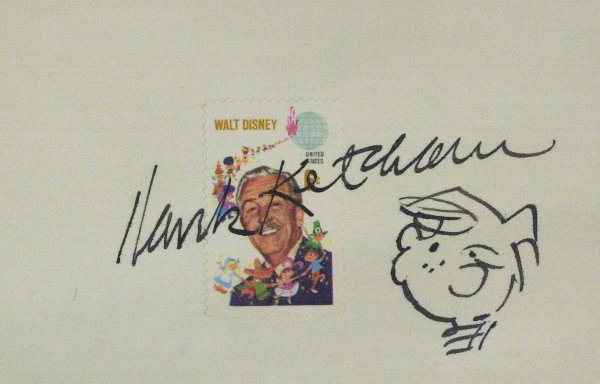 Cartoonist HANK KETCHUM - Card Signed With Sketch: Hank Ketchum. 5" x 3" card with the Walt Disney commemorative stamp affixed, signed across the stamp. Ketchum has added a sketch of Dennis.