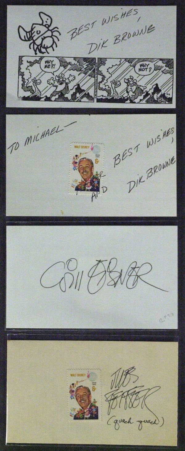 Cartoonists 3 Cards Signed DIK BROWNE, WILL EISNER: Cartoonists. Dik Browne (1917-1989) Browne was best known for writing and drawing Hägar the Horrible and Hi and Lois. 5" x 3" card with the Walt Disney commemorative stamp affixed, signed across the