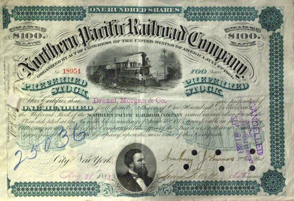 Financier J P MORGAN - Stock Cert Signed: John Pierpont Morgan (1837-1913) Financier, banker, philanthropist. Morgan was the most powerful American banker of his time, helped build a credit bridge between Europe and America and financially re