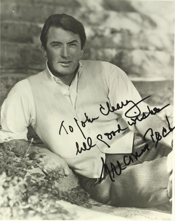 Actor GREGORY PECK - Photo Signed: Gregory Peck. 8" x 10" black and white photograph signed, "To John Cleary All good wishes Gregory Peck." Matted to 11" x 14".