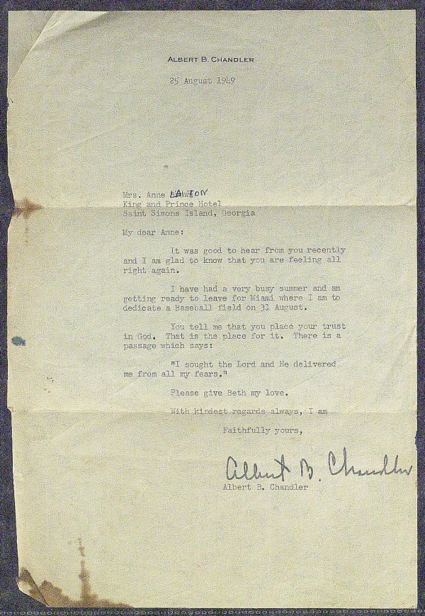 ALBERT B "HAPPY" CHANDLER - Typed Ltr Signed