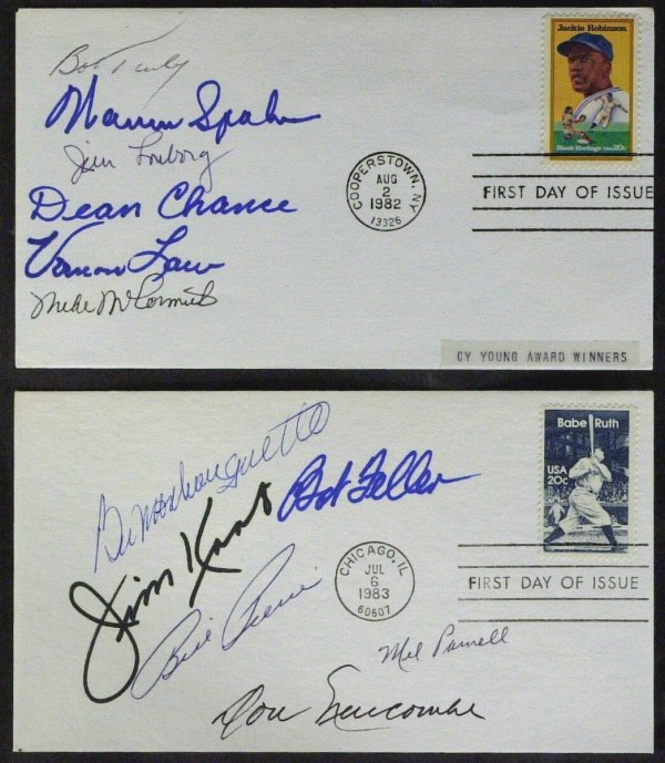 Cy Young Award Winners- 2 Postal Covers 11 Signers: Cy Young Award Winners. Two first day of issue postal covers with the Babe Ruth and Jackie Robinson commemoratives each signed by six former pitchers. Bob Turley, Warren Spahn, Jim Lonborg, Dean Chanc